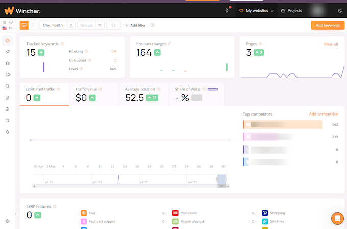 Rank tracking tool displaying keyword rankings and performance metrics.