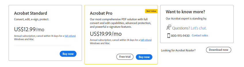 Adobe pricing plans.
