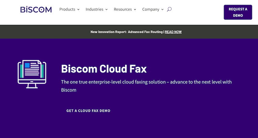 Biscom Cloud Fax landing page. 