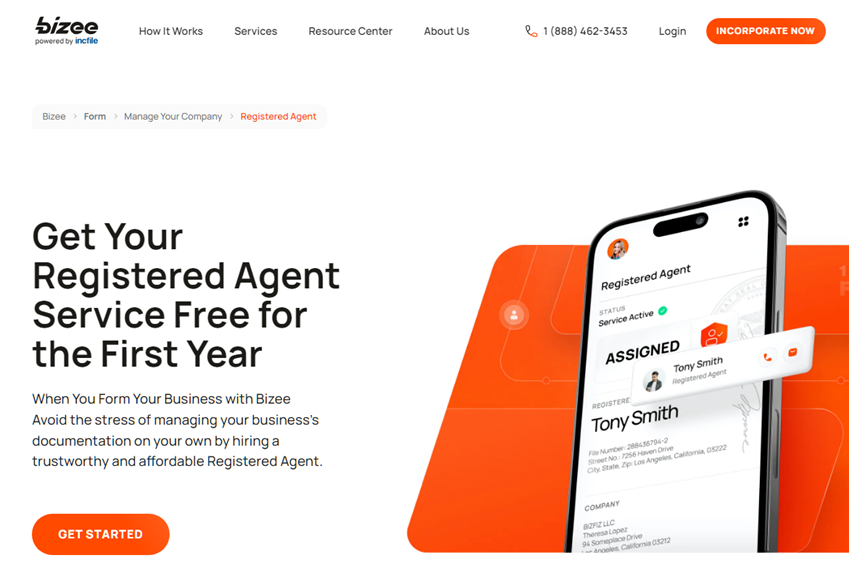Bizee's registered agent landing page. Text says Get Your Registered Agent Service Free for the First Year
