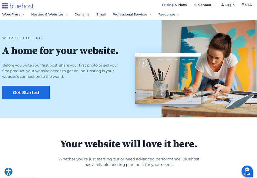 Bluehost web hosting landing page