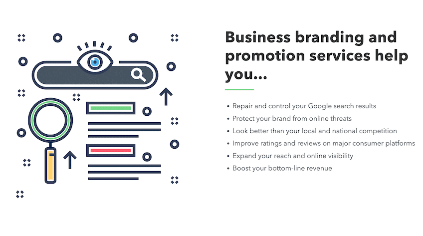 NetReputation page titled "Business branding and promotion services help you" with list of items their services help with