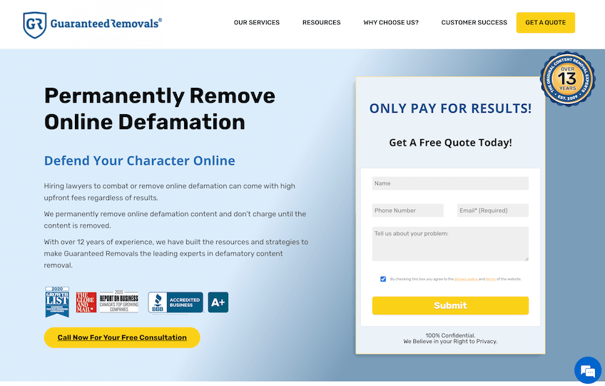 Guaranteed Removals landing page for online defamation removal