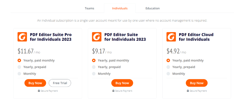 Foxit pricing plans for individuals. 