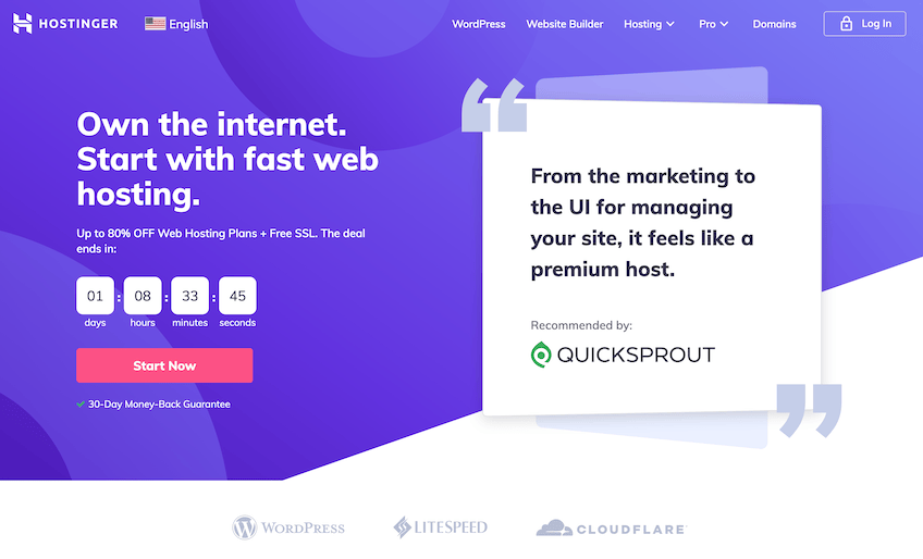 Hostinger homepage with the QuickSprout recommendation