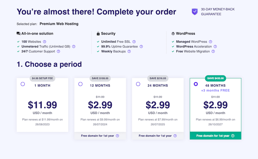 Hostinger cart with pricing options based on contract length.