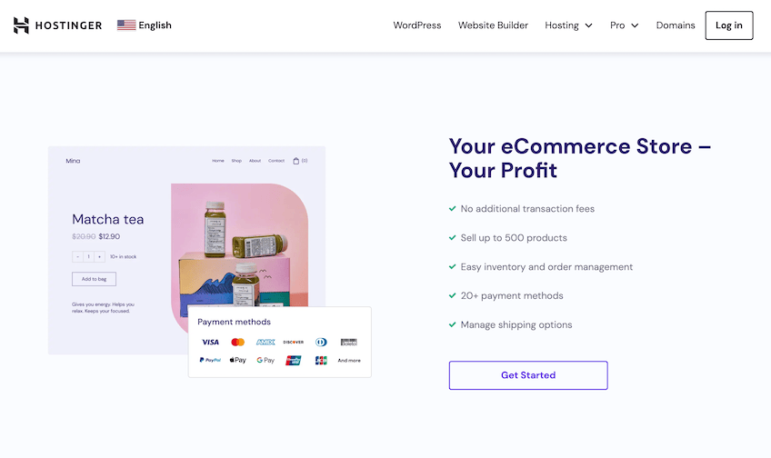 Example of Hostinger Ecommerce store with bullet list of features