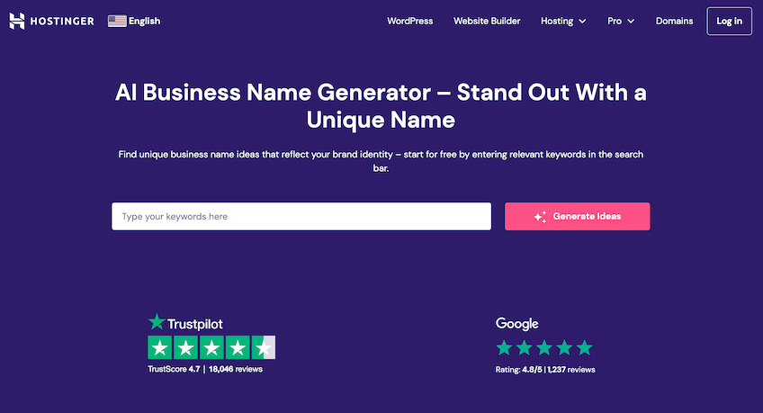 Hostinger AI Business Name Generator landing page