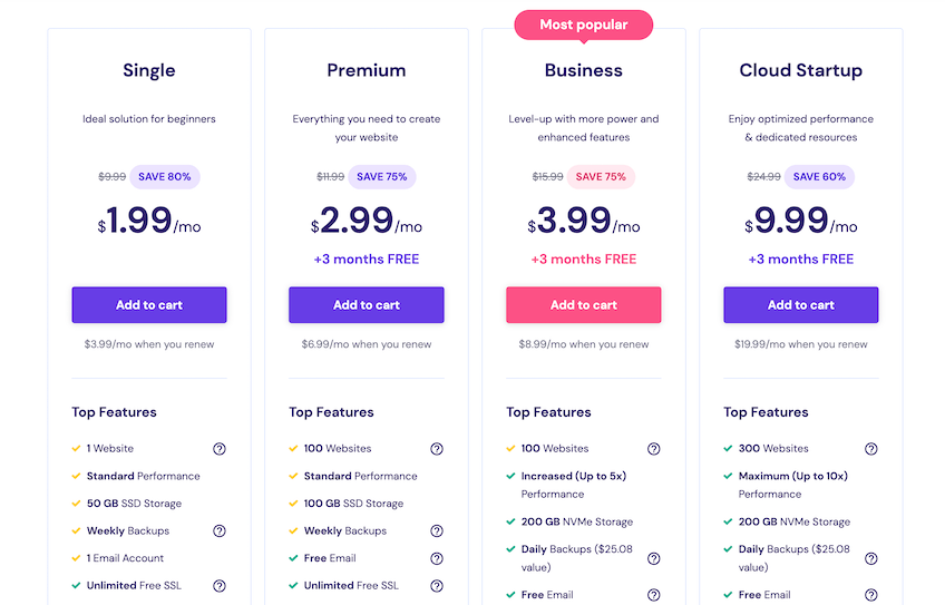 Hostinger web hosting pricing page