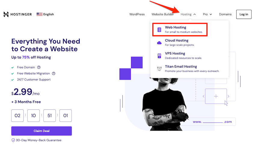 Hostinger homepage with an error pointing to web hosting