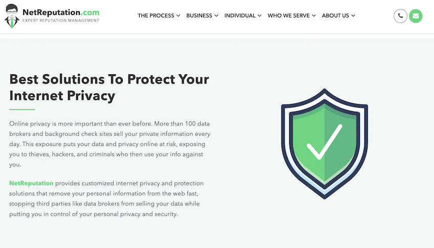 NetReputation Internet Privacy landing page with a green check mark