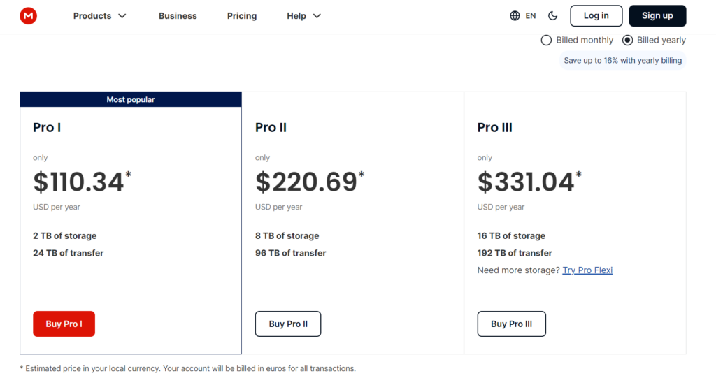 The pricing for Mega cloud storage services as of July 2023.