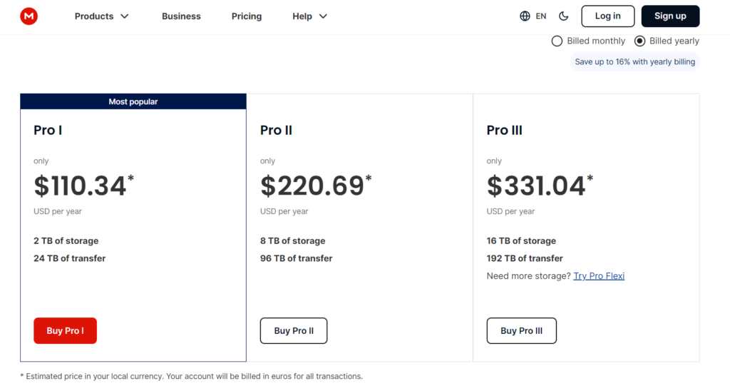 The pricing for Mega cloud storage services as of July 2023. 