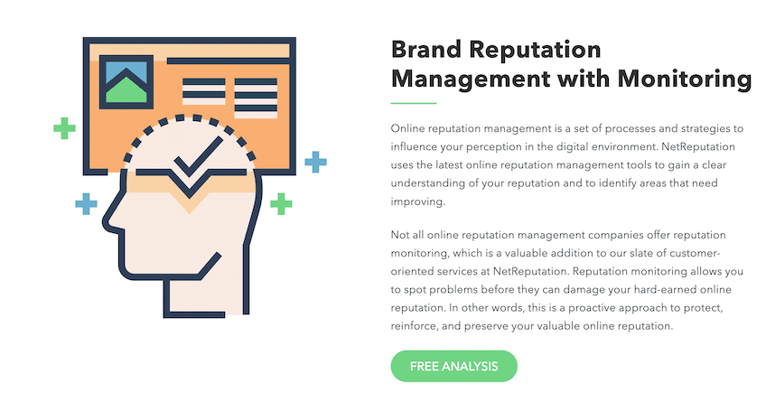 NetReputation page titled "Brand Reputation Management with Monitoring" with image of green free analysis button