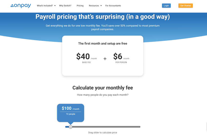 OnPay Pricing Page, shows a price calculator that lets you see how much you pay based on the number of seats