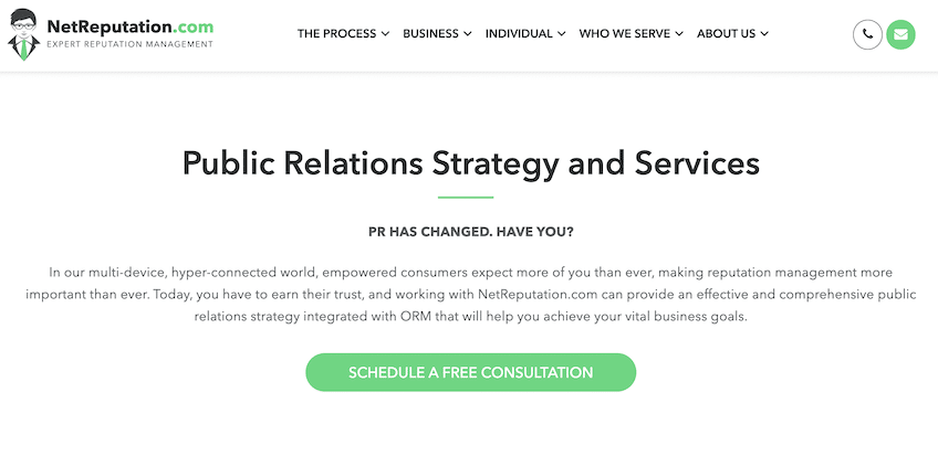 NetReputation "Public Relations Strategy and Services" page with image of green button to schedule a free consultation