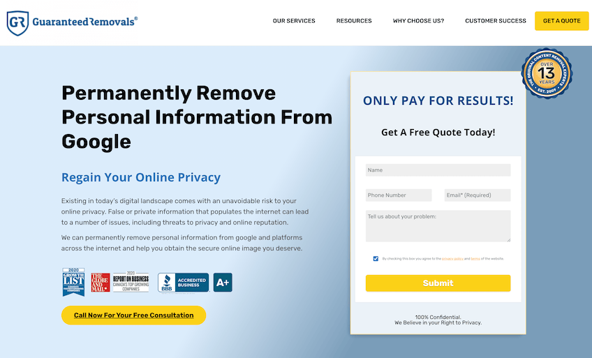 Personal information removal landing page from Guaranteed Removals website