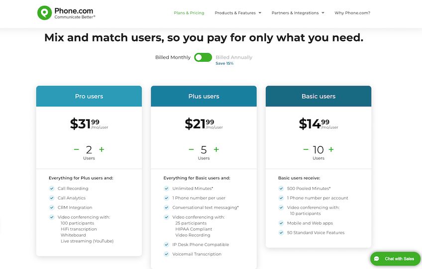 Phone.com pricing showing mix & match users