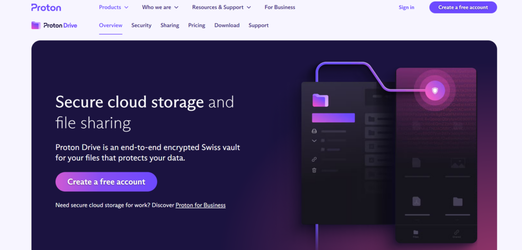 Proton cloud storage home page. 
