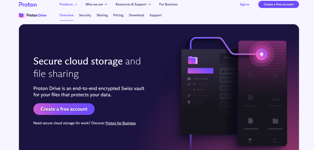 Proton cloud storage home page.
