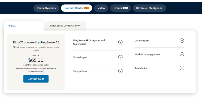 RingCentral's RingCX pricing (starts at $65 per agent per month)