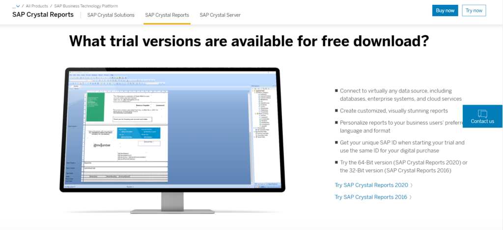 A screenshot of SAP Crystal Reports and what it includes in the trial versions. 