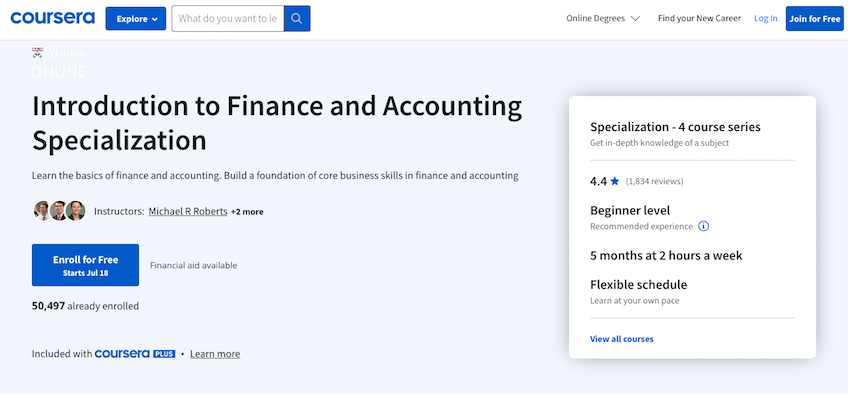 Coursera Introduction to Finance and Accounting Specialization landing page