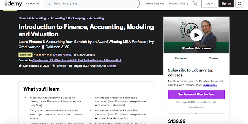 Udemy Introduction to Finance, Accounting, Modeling, and Valuation landing page