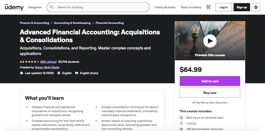 Udemy Advanced Financial Accounting landing page