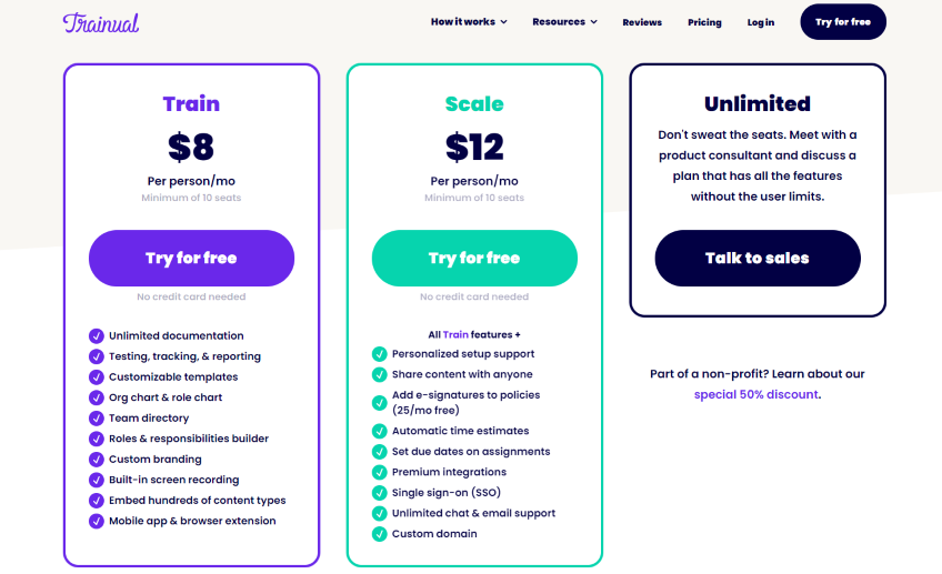 Trainual pricing page