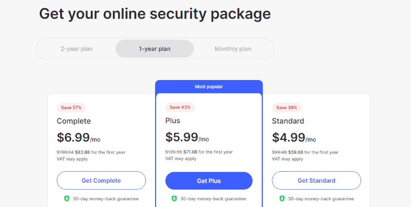 NordVPN VPN service pricing page.