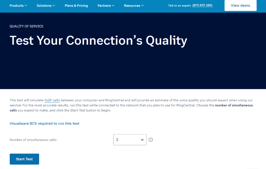 RingCentral business phone service test your connection's quality page.