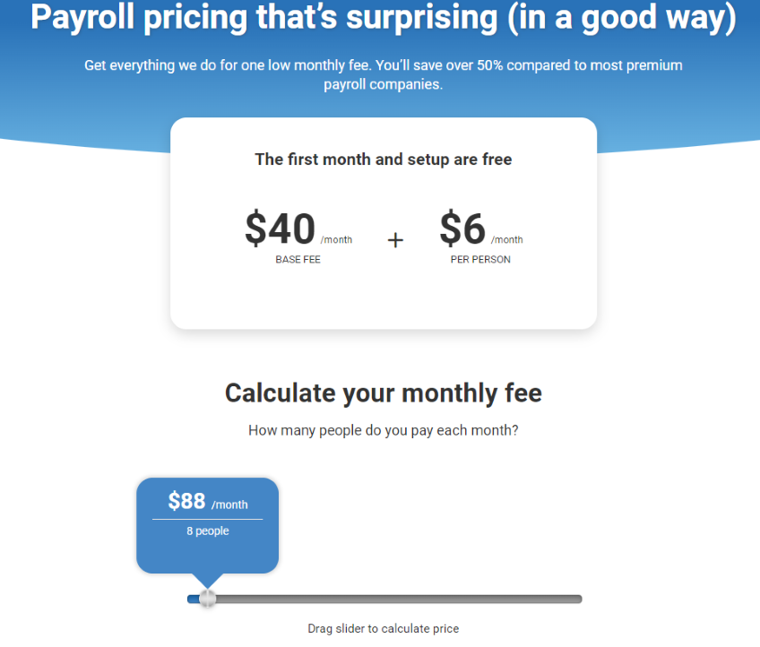 OnPay pricing model and calculator page.