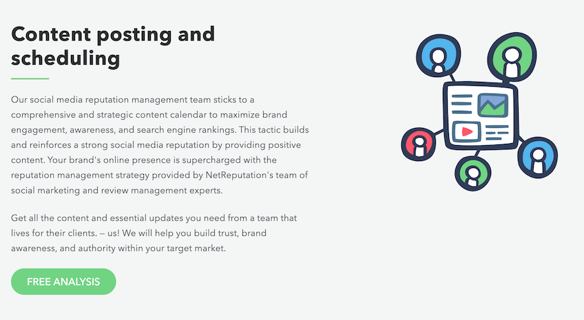NetReputation "Content posting and scheduling" page with image of green free analysis button