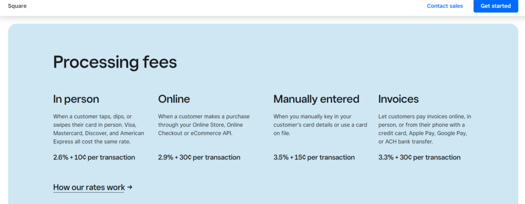 A screenshot of Square's processing fees.