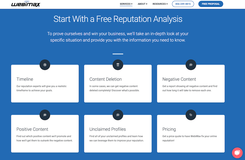 WebiMax "Start With a Free Reputation Analysis" page