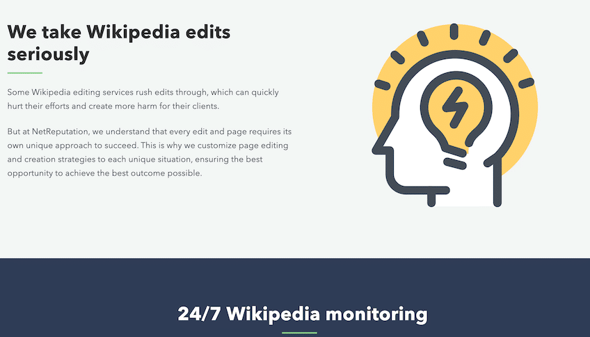 NetReputation page titled "We take Wikipedia edits seriously" with emphasis on 24/7 Wikipedia monitoring