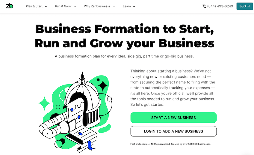 ZenBusiness landing page for its business formation services