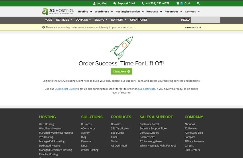 A2 Hosting order success page confirming the successful completion of a hosting plan purchase.