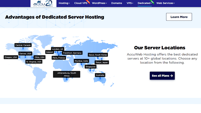 A screenshot of the AccuWeb homepage, showing data centers in over 10 different locations across the globe, including the USA, Canada, Germany, France, and Australia.