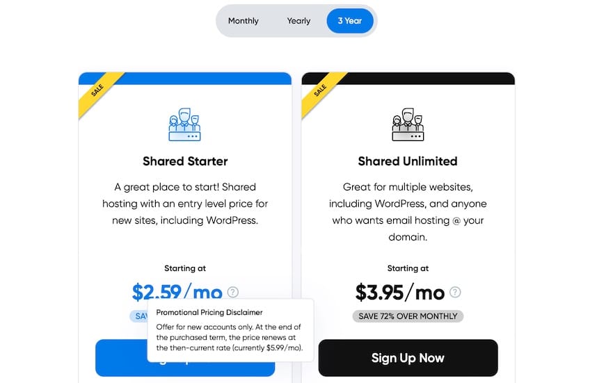 DreamHost plans page with two hosting plan options shown.