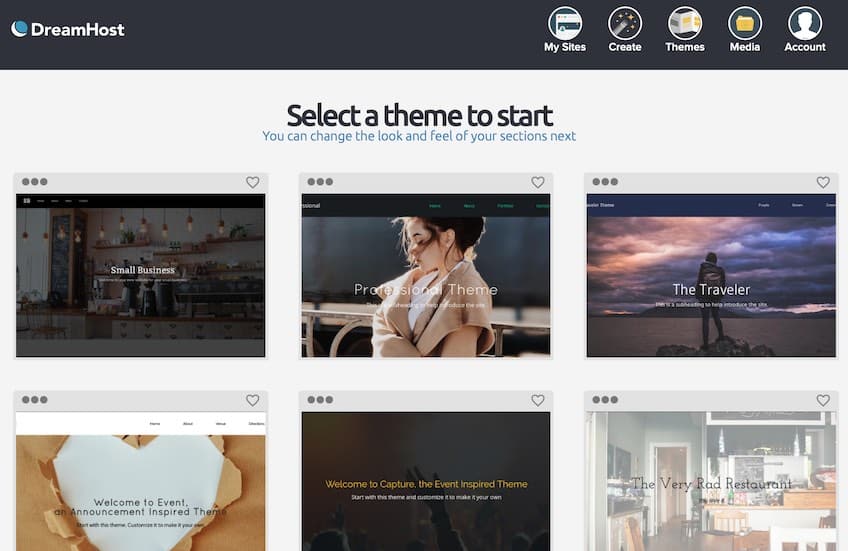 Select a theme from DreamHost with six options.