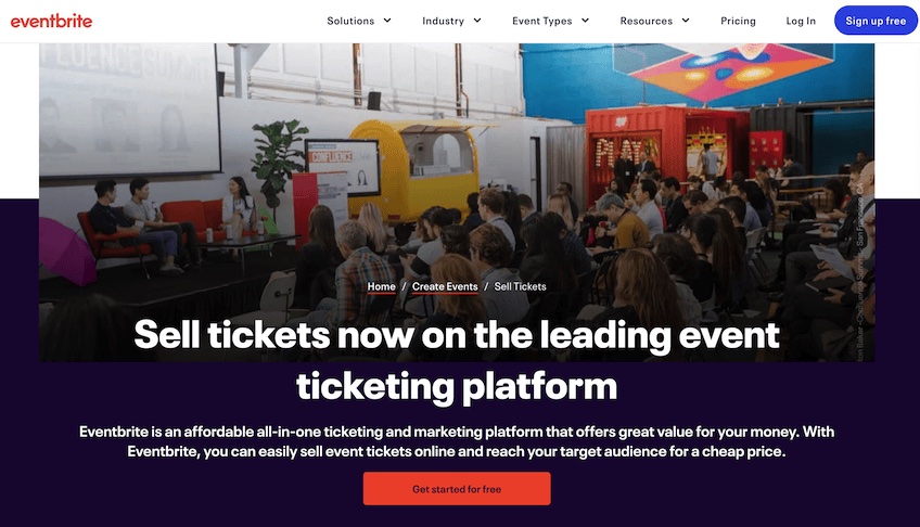 Eventbrite get started for free page