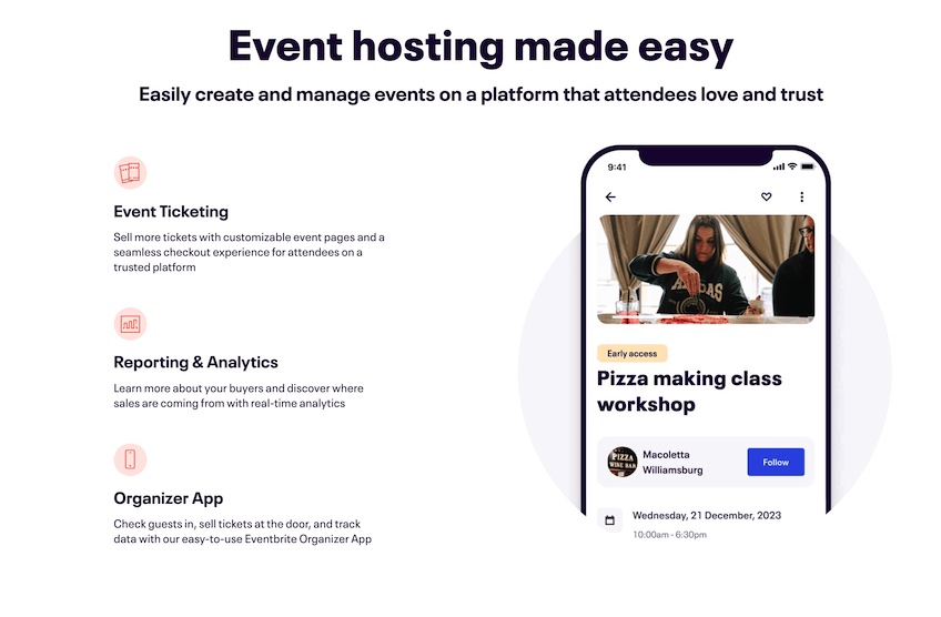 Eventbrite hosting features with image of phone screen