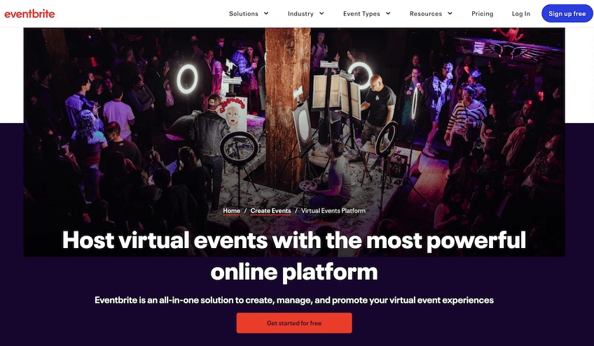 Hosting virtual events page from Eventbrite