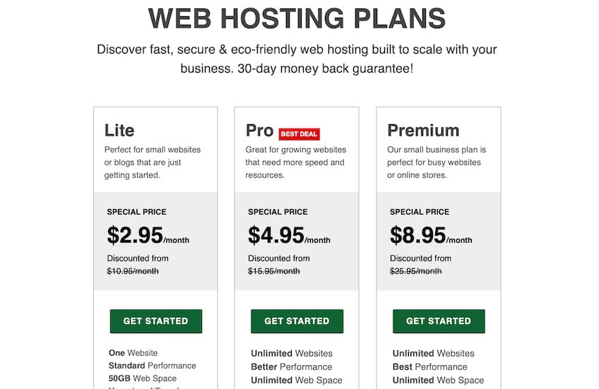Pricing plans page showcasing various hosting plans and options.