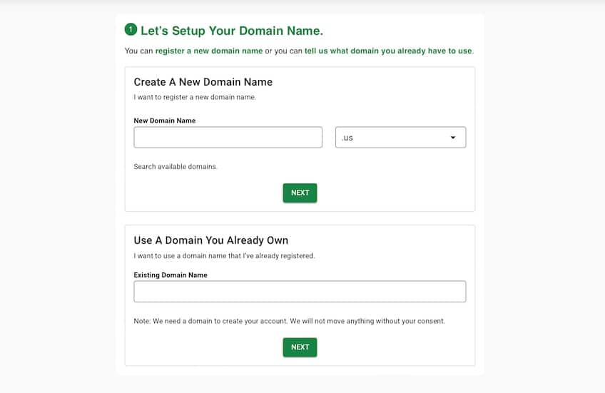 GreenGeeks domain setup page for configuring domain names.