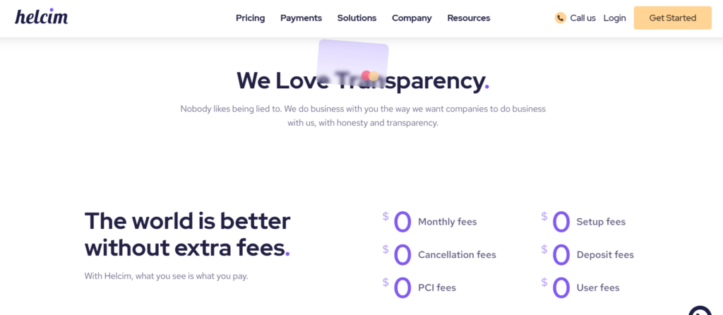Image of the Helcim pricing transparency and no cost features. 