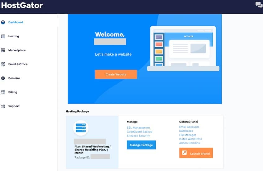 Dashboard for HostGator with options for support, billing, and hosting.