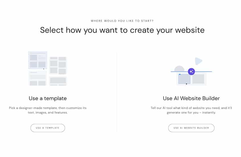 Screen to choose a template or use an AI website builder to create your website.